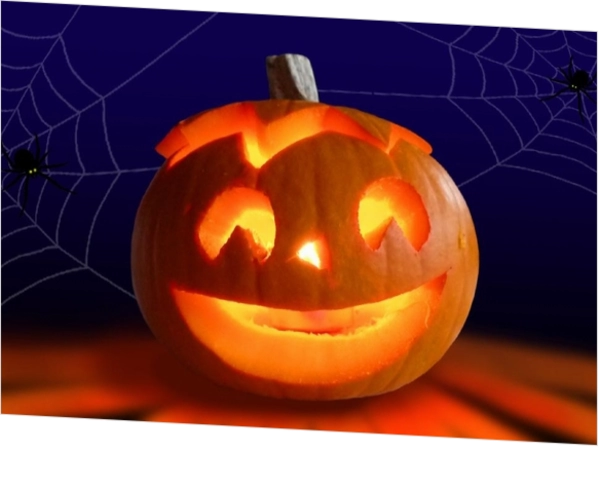 Halloween kaart lichtgevende pompoen spinnen