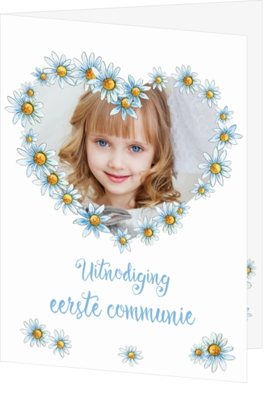 Eerste communie kaart blauwe bloemen foto