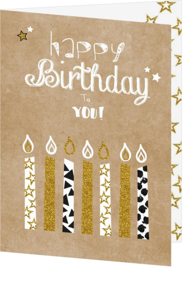 Verjaardagskaart kraft met kaartjes goud en zwart