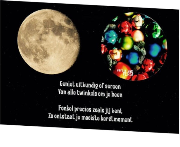 Kerstkaarten - versjevanvers - maan met kerstplaneet