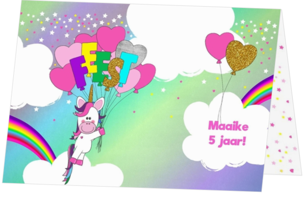 Hippe uitnodiging voor een feestje met een unicorn en ballonnen