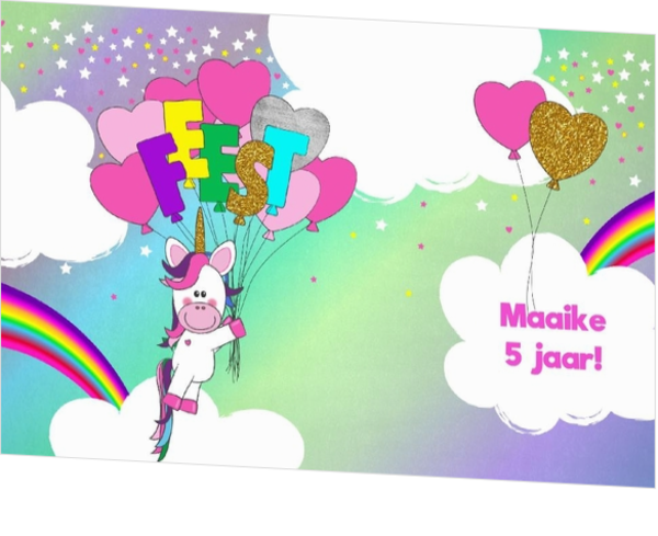 Hippe uitnodiging voor een feestje met een unicorn en ballonnen enkel