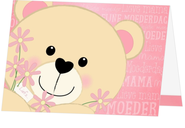 Lief moederdag kaartje met een illustratie van een schattig beertje met bloemen. (Dubbel)