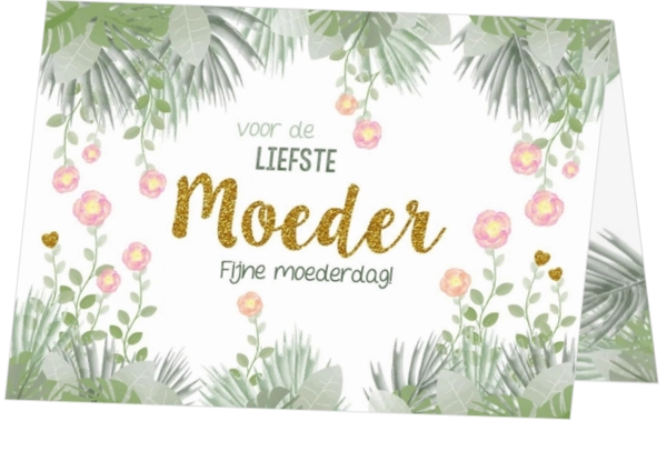Trendy moederdagkaart in botanische stijl met bloemen en hartjes (dubbel)