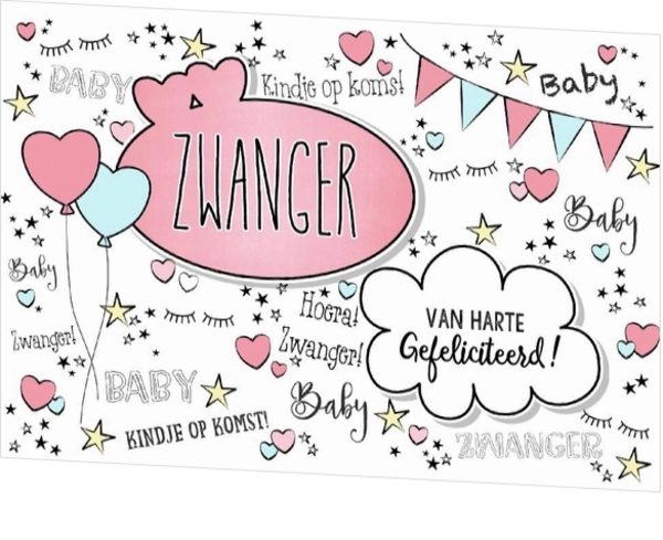 Hippe felicitatie zwangerschap in handlettering-stijl met hartjes en ballonnen (Enkel)