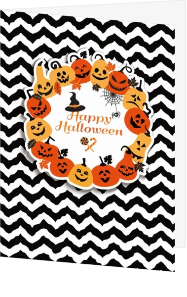 Halloweenkaart pompoenkader met zwart wit gestreepte achtergrond