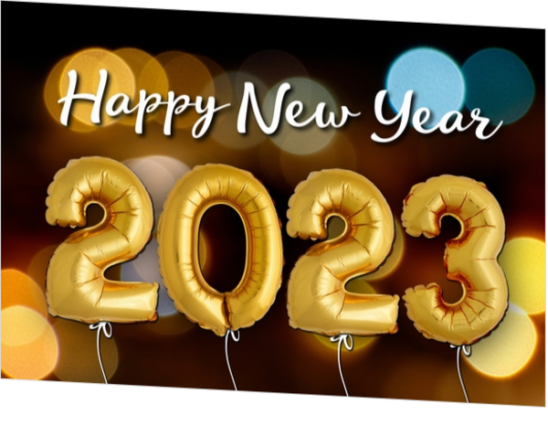 Nieuwjaarskaart Happy New Year gouden ballonnen en lichtjes