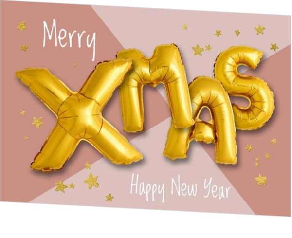 Kerstkaart Merry XMAS gouden ballon letters op trendy roze achtergrond