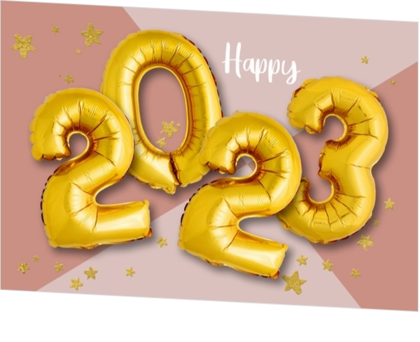 Nieuwjaarskaart Happy gouden ballonnen op trendy roze achtergrond