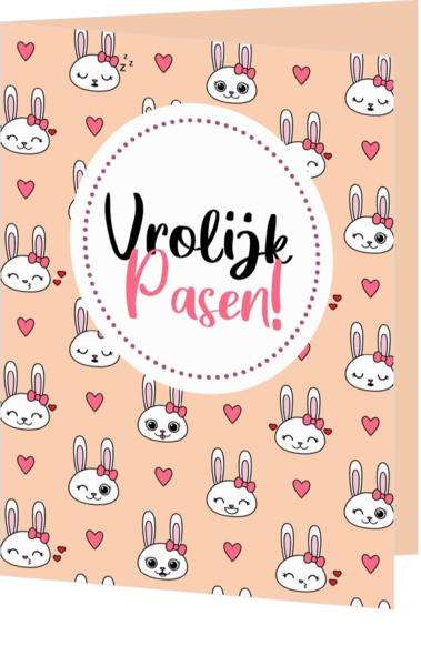 Paaskaartje met gezellige konijntjes op een roze achtergrond