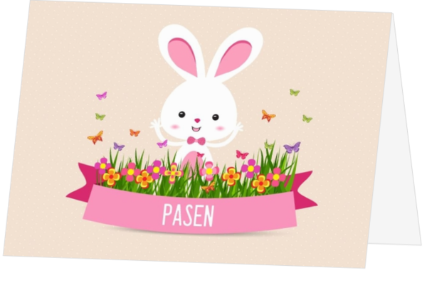 Paaskaart konijntje tussen de bloemen