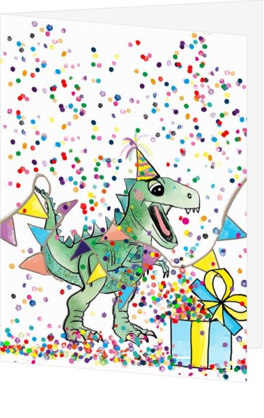 Verjaardagkaart met een feestelijke dinosaurus