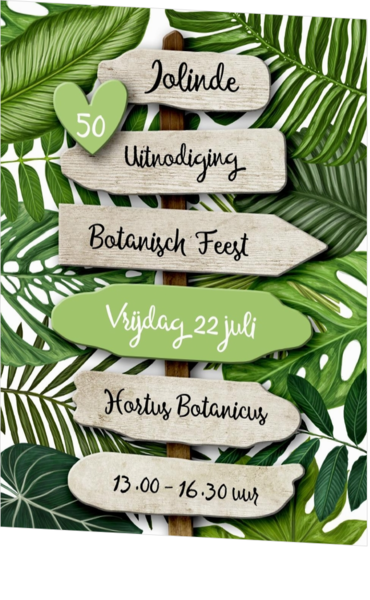 Uitnodiging botanisch blad met houten wegwijzers