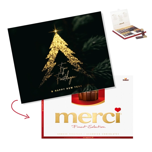 Sfeervolle kerstboom kaart met Merci chocolade