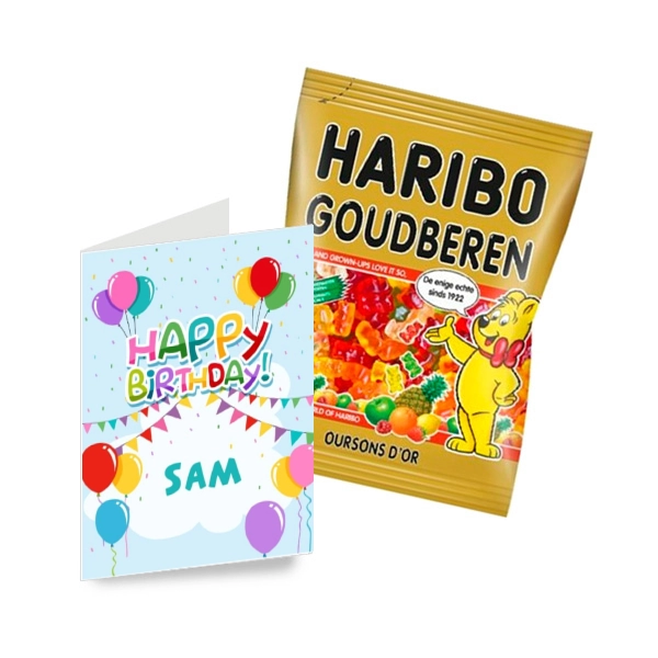 Haribo goudberen - Kaart met ballonnen en slingers