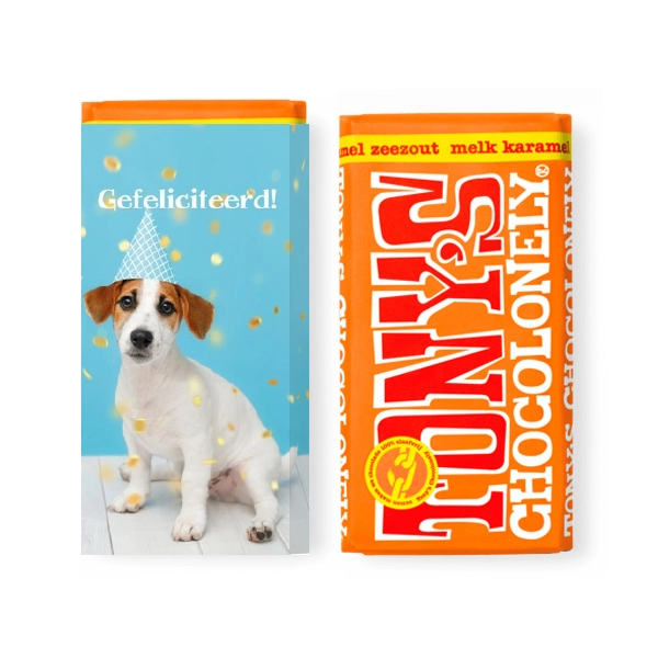 Tony Chocolonely - Happy birthday dog with party had and confetti