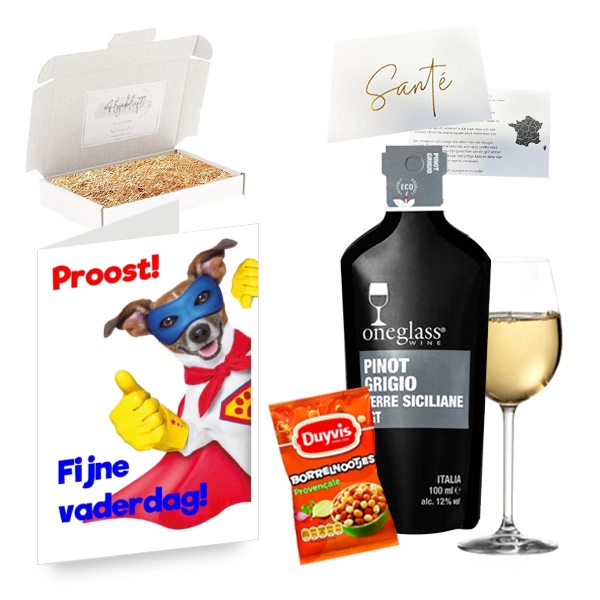 Borrel giftbox One glass Wine - Proost fijne vaderdag superdog