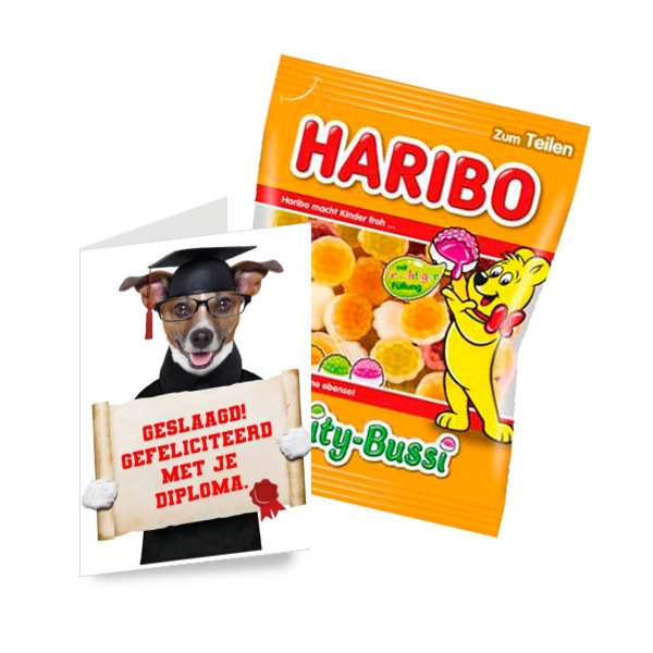 Haribo snoepjes - geslaagdkaart happy dog academic cap