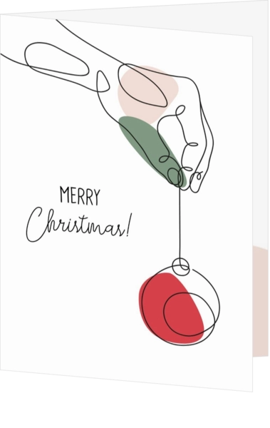 Trendy kerstkaart met lijntekening van een hand die een kerstbal vasthoudt