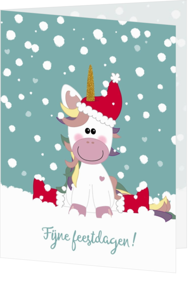 Kerstkaart lieve unicorn in sneeuw