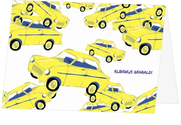 Felicitatiekaart rijbewijs stapel op autos geel