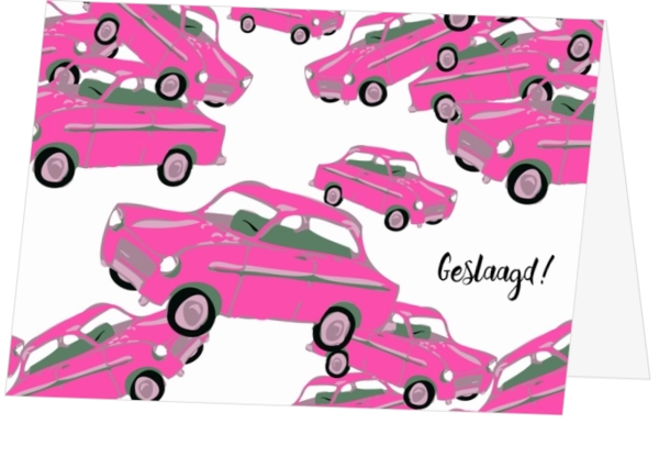 Felicitatiekaart rijbewijs stapel op autos roze