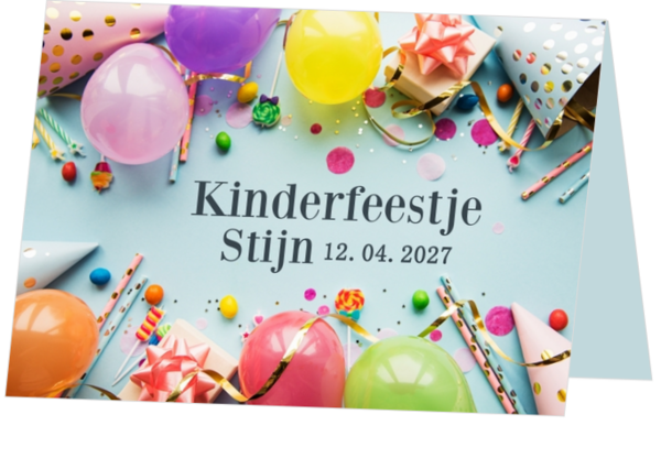 Uitnodiging kinderfeestje ballonnen en cadeaus
