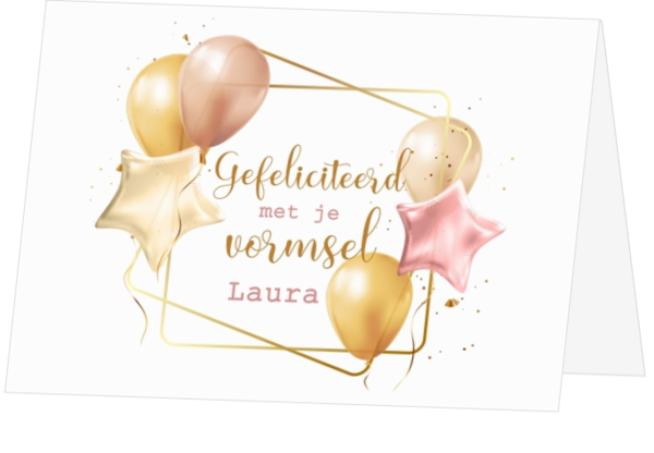 Vormsel felicitatiekaart ballonnen roze goud 