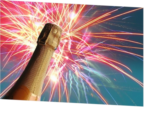 Nieuwjaarskaart champagne met vuurwerk