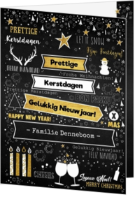 Kerst klassiek - moderne, hippe zwarte kerst kaart met wit en goud in handlettering-stijl en wegwijzer kerstboom