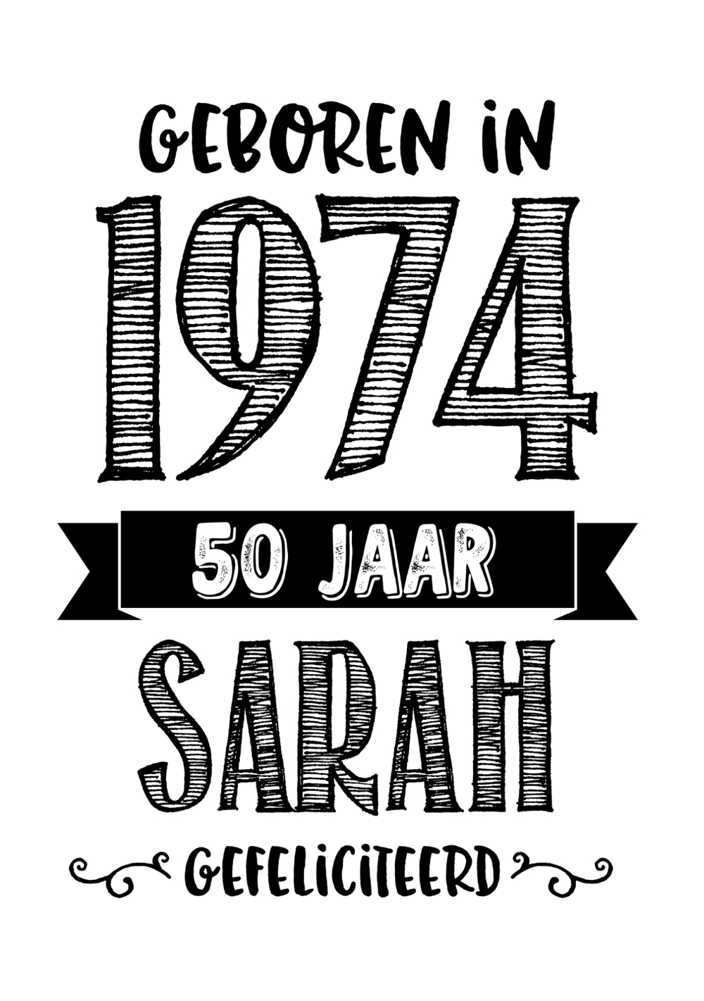 Verjaardagskaart geboren in 1971 50 jaar Sarah gefeliciteerd Voorkant