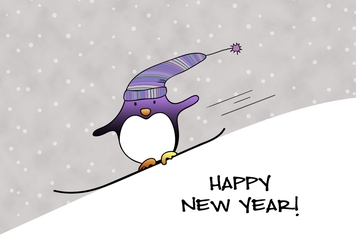 Nieuwjaarskaart pinguin op snowboard 
