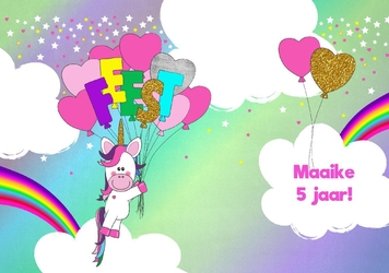 Hippe uitnodiging voor een feestje met een unicorn en ballonnen enkel