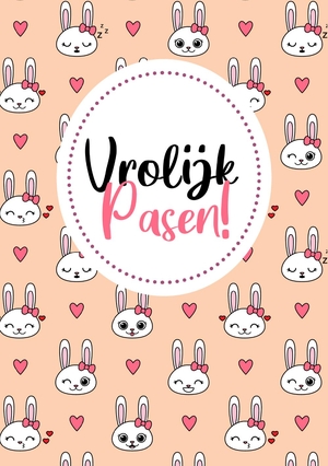 Paaskaartje met gezellige konijntjes op een roze achtergrond